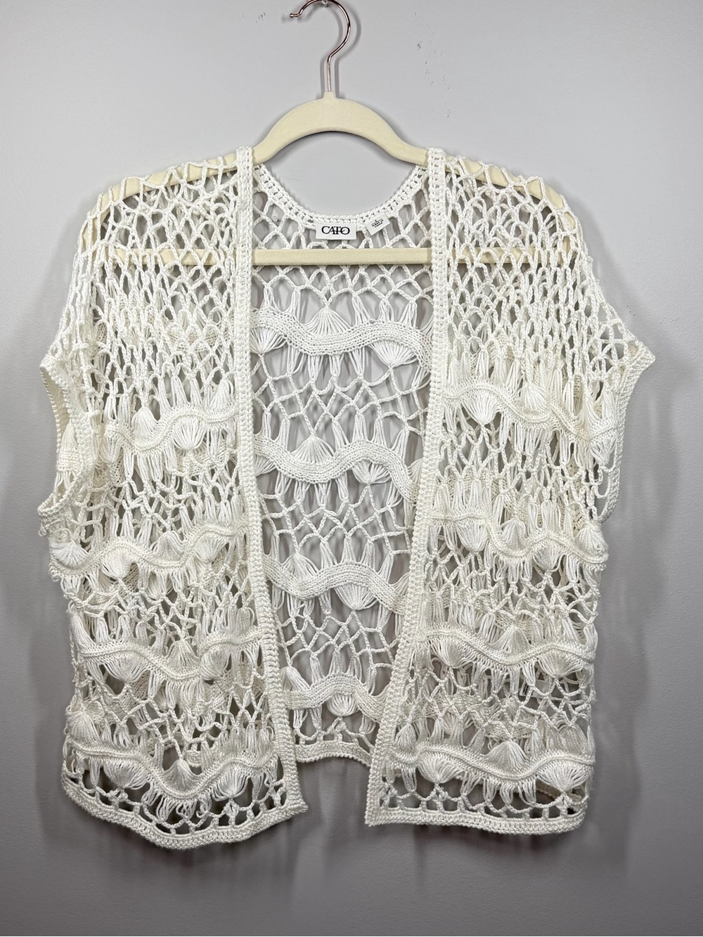 Cato White Open Knit Crochet Vest Cardigan Boho Shrug Size Large Boho Cottage